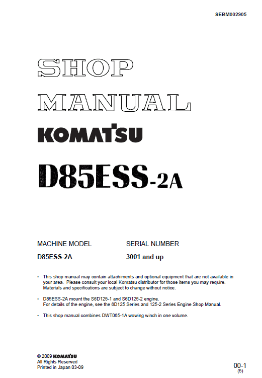 Komatsu D85ess-2, D85ess-2a Dozer Service Manual