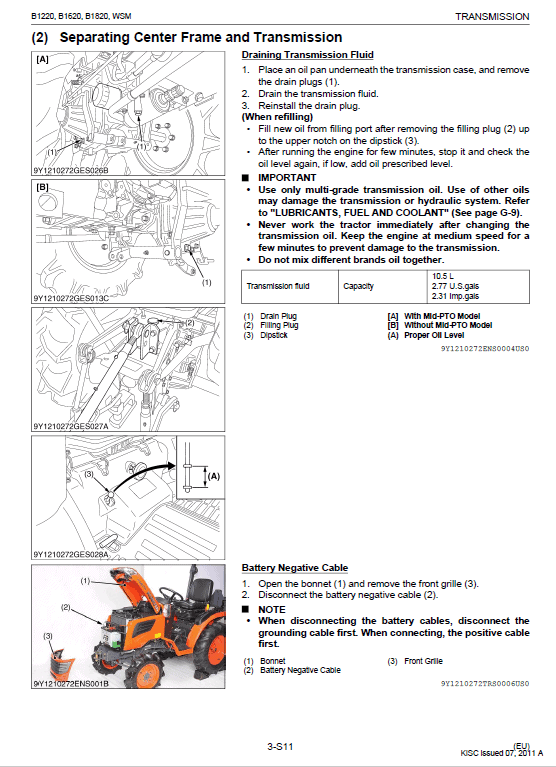 Kubota B1220, B1620, B1820 Tractor Workshop Manual