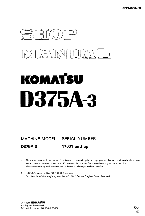 Komatsu D375a-3 Dozer Service Manual