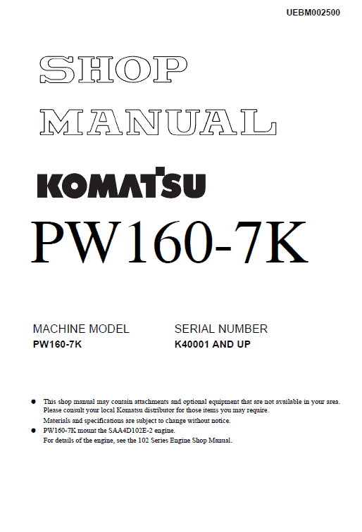 Komatsu Pw160-7 Excavator Service Manual