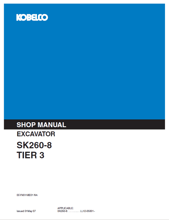 Kobelco Sk260-8 Tier 3 Excavator Service Manual