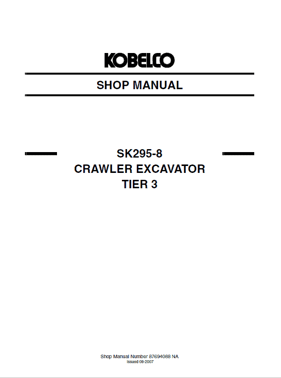Kobelco Sk295-8 Tier 3 Excavator Service Manual