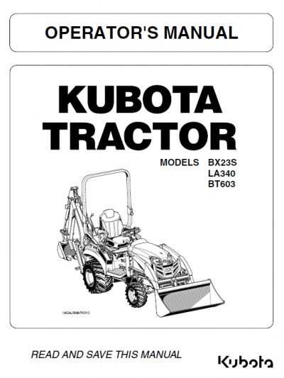 Kubota BX23S, LA340, BT603 Tractor Loader Workshop Manual