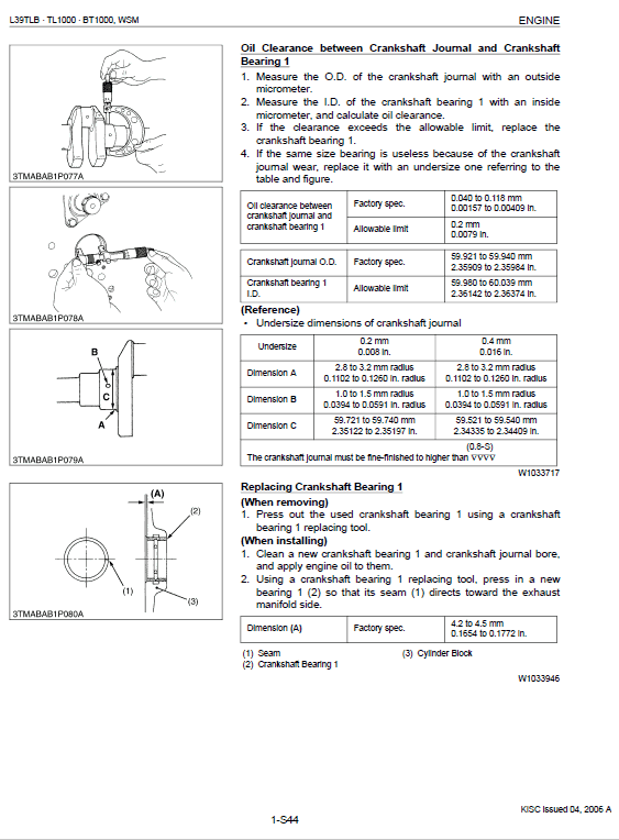 Kubota L39, Tl1000, Bt1000 Tractor Front Loader Workshop Manual