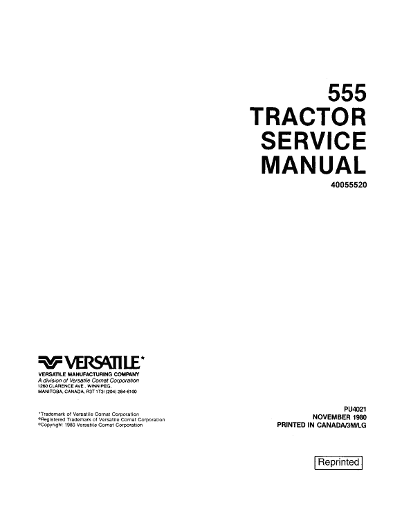 Versatile 555 Tractor Service Manual
