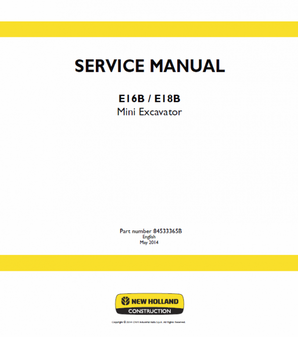 New Holland E16b, E18b Excavator Service Manual
