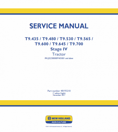 New Holland T9.435, T9.480, T9.530, T9.565 Tractor Service Manual