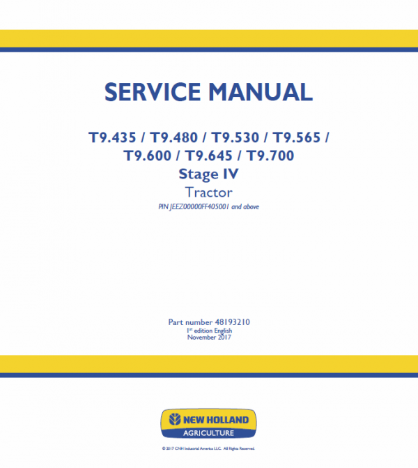 New Holland T9.435, T9.480, T9.530, T9.565 Tractor Service Manual