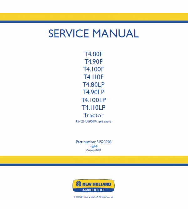 New Holland T4.80lp, T4.90lp, T4.100lp, T4.110lp Tractor Service Manual