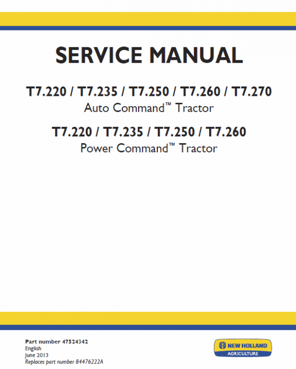 New Holland T7.220, T7.235, T7.250 Tractor Service Manual
