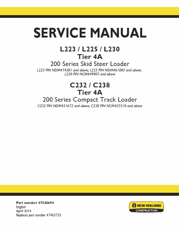 New Holland L223, L225, C232 Skidsteer Loader Service Manual