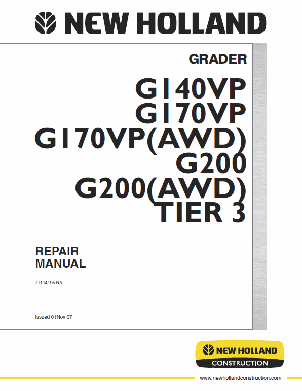 New Holland G170vp Awd, G200vp Awb Motor Grader Repair Manual