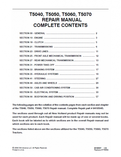 New Holland T5030, T5040, T5050, T5060, T5070 Tractor Service Manual