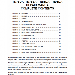 New Holland Tn60sa, Tn70sa, Tn75sa Tractor Service Manual