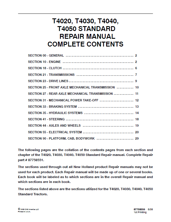 New Holland T4020, T4030, T4040 Tractor Service Manual