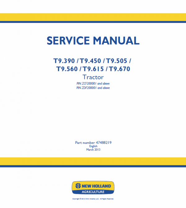 New Holland T9.390, T9.450, T9.505 Tractor Service Manual