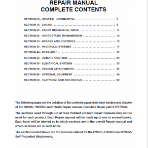 New Holland HW305, HW305S, HW325 Self-Propelled Windrowers Service Manual