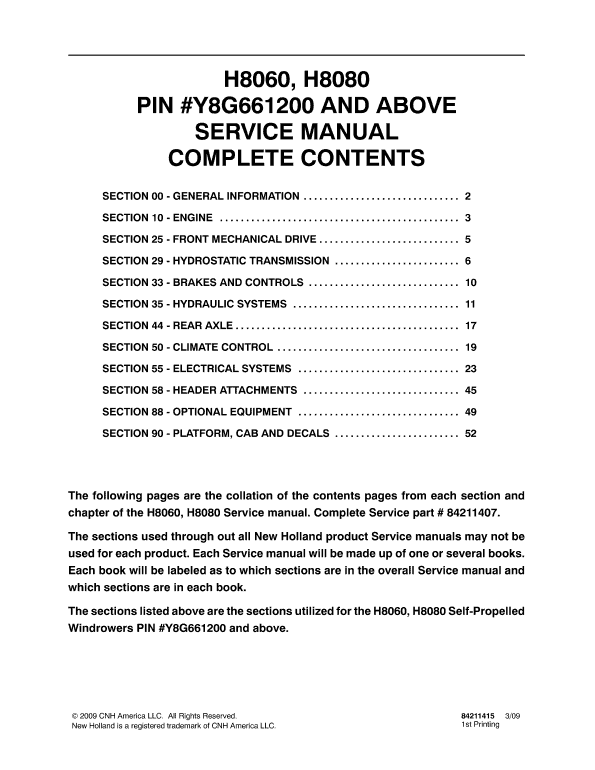 New Holland H8060, H8080 Self-Propelled Windrowers Service Manual