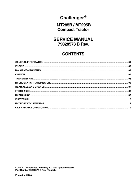 Challenger MT285, MT295 Tractor Service Manual