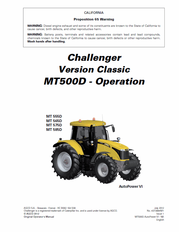 Challenger MT555D, MT565D, MT575D, MT585D, MT595D Tractor Workshop Manual