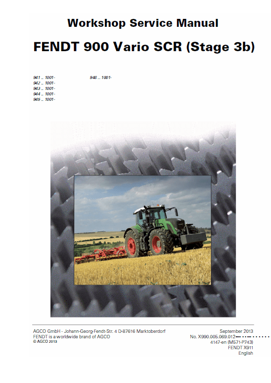 Fendt 924, 927, 930, 933, 936 Stage 3B Tier 4i Tractor Service Manual