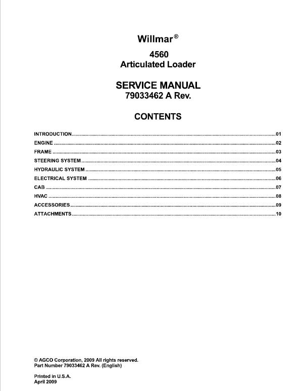 Willmar 4560 Wrangler Loader Service Manual