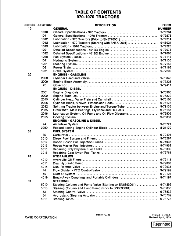 Case 970, 1070 Tractor Service Manual