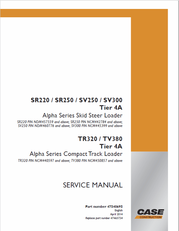 Case SR220, SR250, SV250, SV300 SkidSteer Service Manual