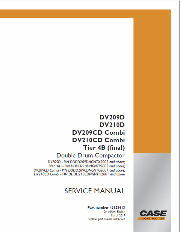 Case DV209D, DC210D, DV209CD, DV210CD Drum Compactor Service Manual