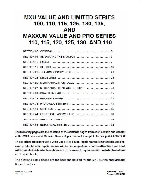 Case MXU125, MXU130, MXU135, MXU140 Maxxum Tractor Service Manual