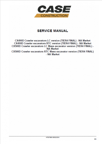 Case CX490D, CX500D Crawler Excavator Service Manual