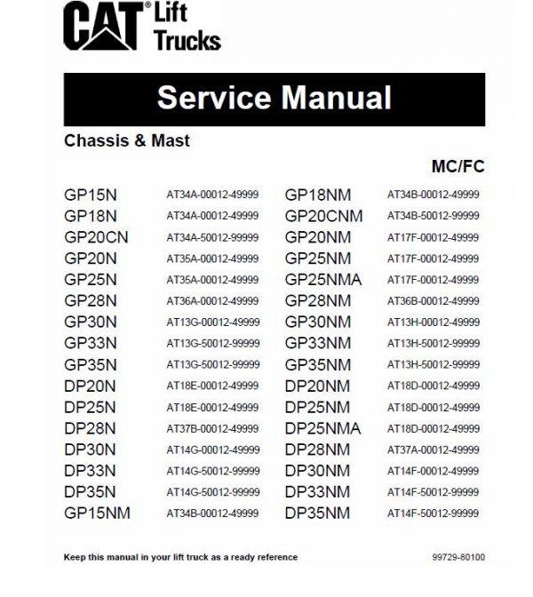CAT GP15N, GP18N, GP20CN, GP20N Forklift Lift Truck Service Manual