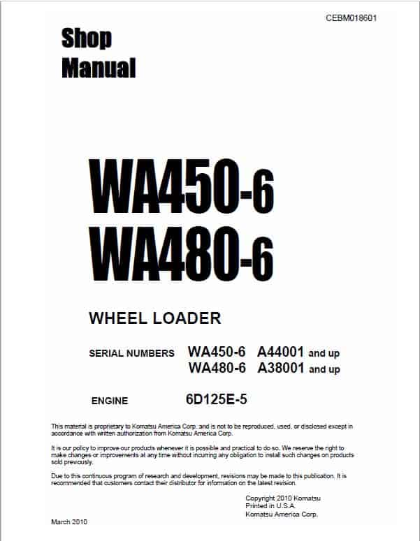 Komatsu WA450-6, WA480-6 Wheel Loader Service Manual