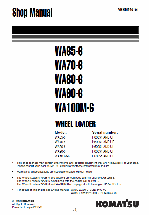 Komatsu WA65-6, WA70-6, WA80-6, WA90-6, WA100M-6 Loader Service Manual