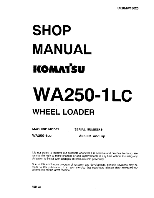 Komatsu WA250-1, WA2501LC Wheel Loader Service Manual