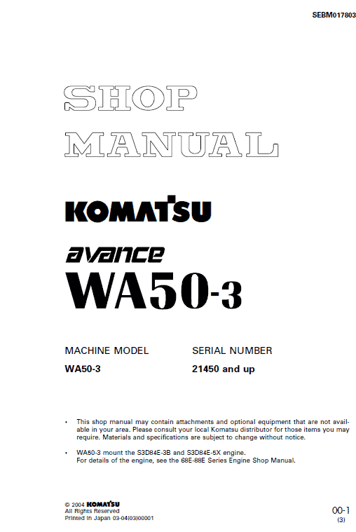 Komatsu WA50-3 Wheel Loader Service Manual