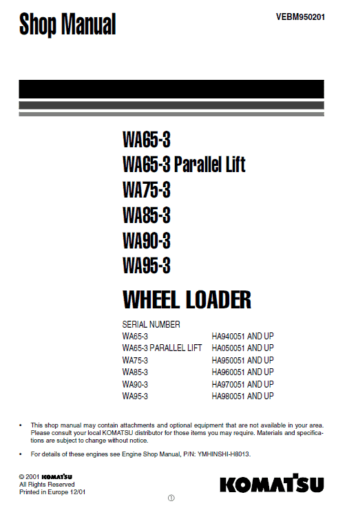 Komatsu WA65-3, WA90-3, WA95-3 Wheel Loader Service Manual
