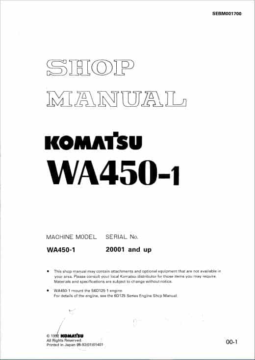Komatsu WA450-1 WA450-1L Wheel Loader Workshop Repair Service Manual Part Number # SEBDA4210108 