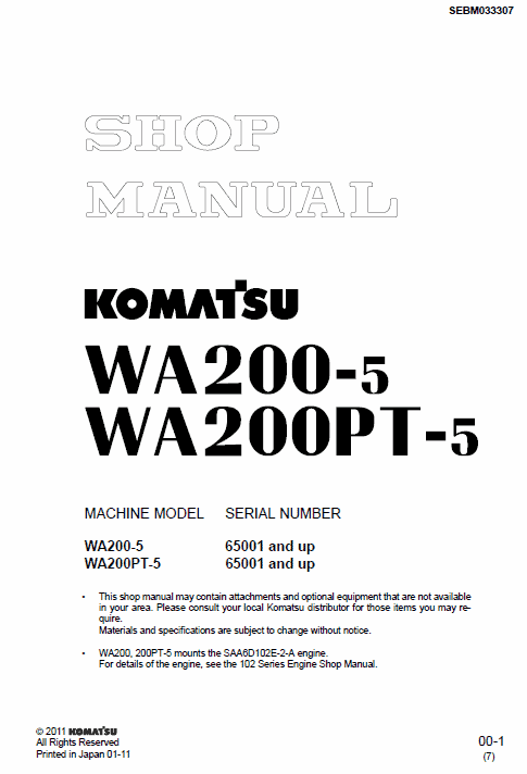 Komatsu WA200-5H, WA200PT-5L, WA200-5L, WA200-5  Loader Service Manual