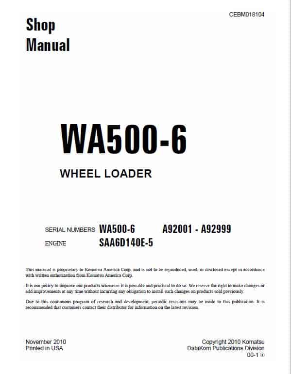 Komatsu WA500-6 Wheel Loader Service Manual