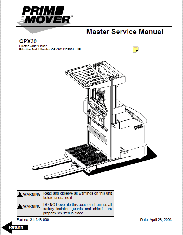 BT Prime Mover OPX30 Order Picker Repair Service Manual