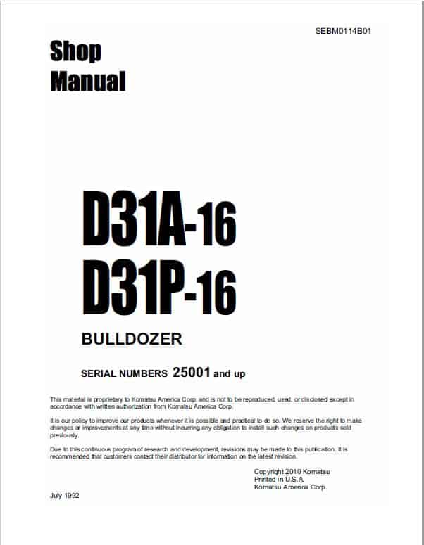 Komatsu D31A-16, D31P-16 Dozer Service Manual