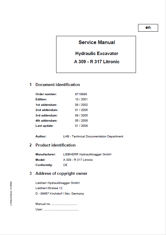 Liebherr A309, A311, A312, A314, A316, R313, R317 Litronic Excavator Manual