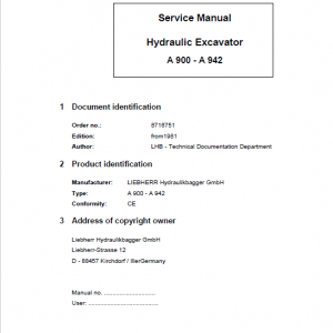 Liebherr A900, A902, A912, A922, A942 Hydraulic Excavator Service Manual