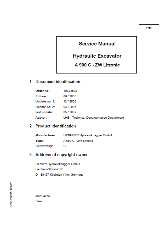 Liebherr A900C ZW Litronic Excavator Service Manual