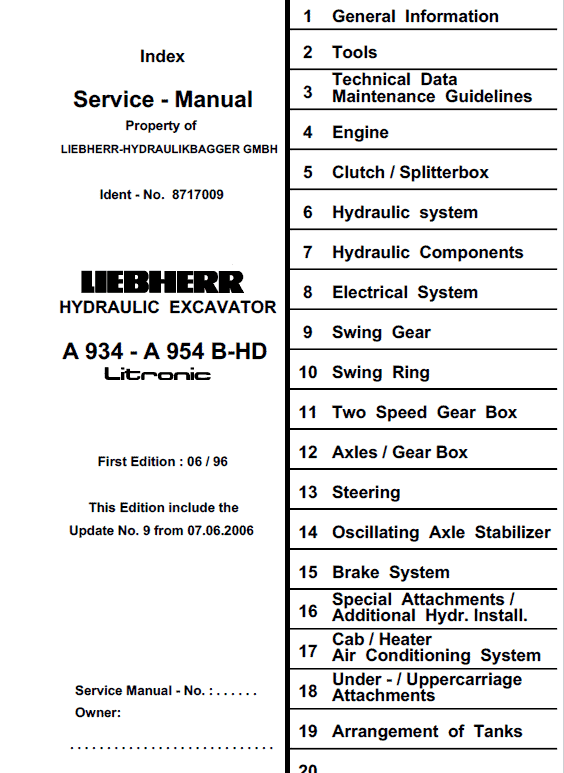 Liebherr A934, A934B, A944HD, A944B-HD, A954HD, A954B-HD Litronic Excavator Manual