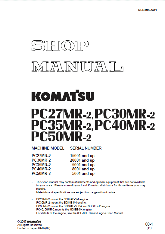 Komatsu PC27MR-2, PC30MR-2, PC35MR-2, PC40MR-2, PC50MR-2 Excavator Manual