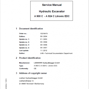 Liebherr A900C, A904C, A914C, A924C Litronic EDC Excavator Service Manual