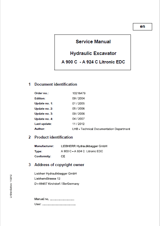 Liebherr A900C, A904C, A914C, A924C Litronic EDC Excavator Service Manual