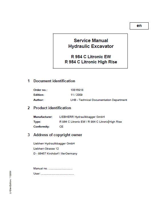 Liebherr R984C Litronic (High Rise & EW) Excavator Service Manual